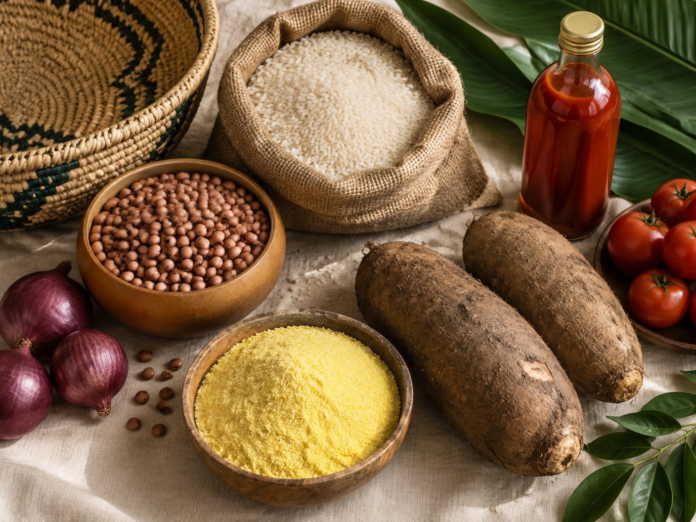 Food staples arranged beside a woven basket